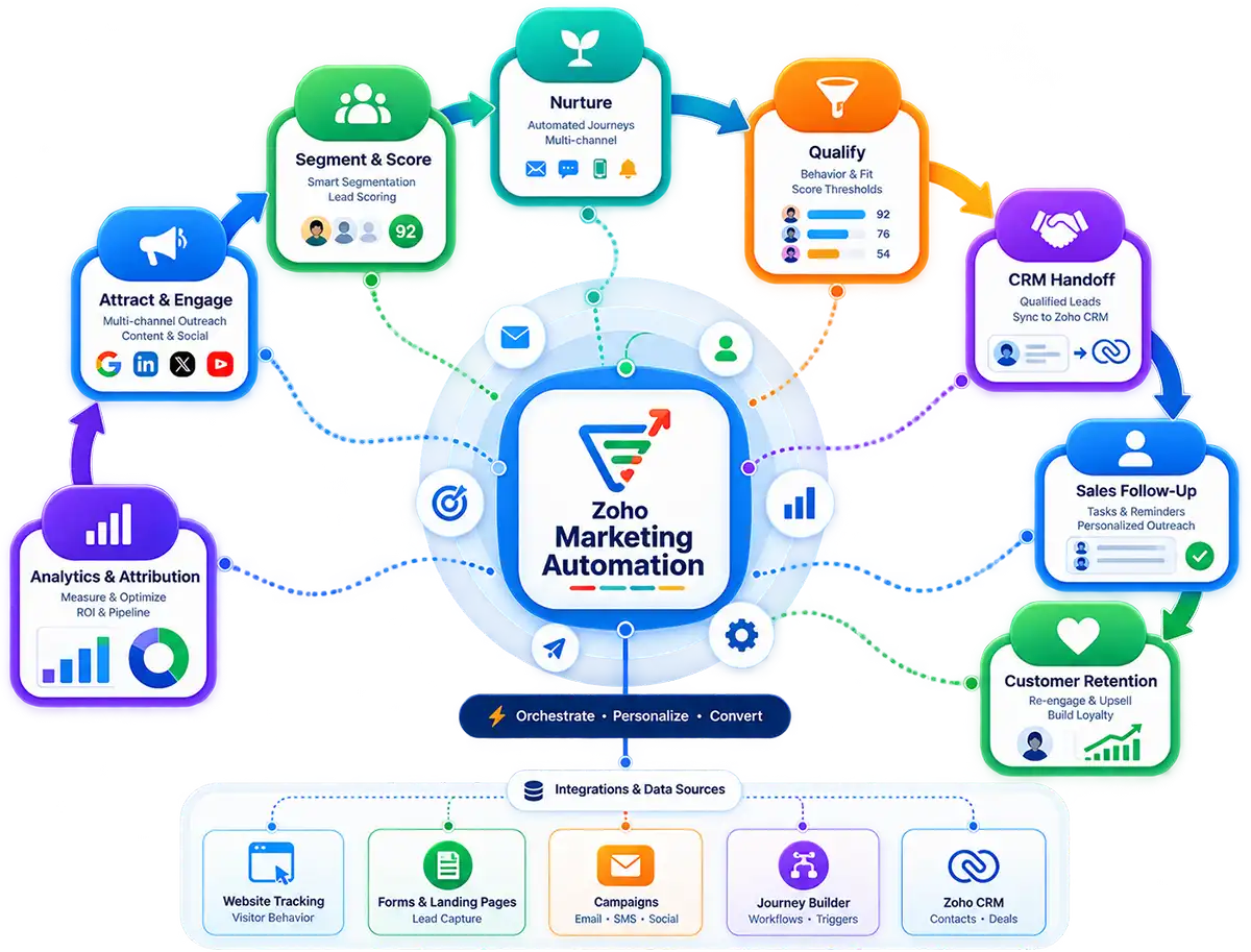 Diagram of Zoho Marketing Automation at the centre of the buyer journey: segment, nurture, qualify, hand off to sales, score and attribute.
